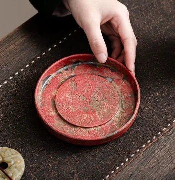 Shangqi Aged Rock Clay Full Mountain Red Ochre Glaze Tea Tray for Gaiwan and Teapots, Round Zisha Teapot Stand