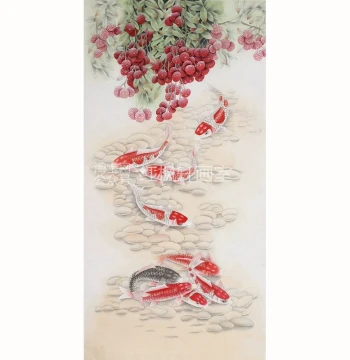 4ft Chinese Painting Template: Lychee and Nine Carp Flower-Bird Fine Brushwork - White Line Drawing on Sized Xuan Paper, Ready for Direct Coloring
