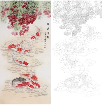 Four-Foot Vertical Gongbi Painting Draft – Lychee and Nine Koi Fish Outline for Chinese Art Study and Tracing