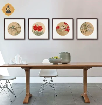 Four-Panel Round Gongbi Flower and Bird Chinese Painting for Living Room, Study, or Office - Modern Chinese Style Solid Wood Wall Art