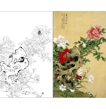 TP381 Fine Brush Painting Peony Tracing Draft: White Line Drawing Base for Traditional Chinese Bird-and-Flower Painting, Available in 4ft and 6ft Sizes, Printed Copy