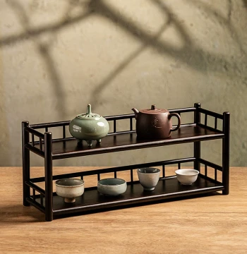 Solid Wood Double-Layer Chinese Tea Cup Rack, Tea Table Stand for Zisha Pots and Gaiwans, Storage Organizer