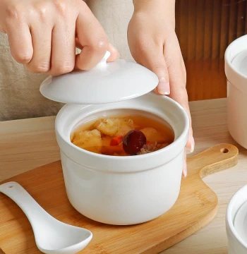 Huaijin Ceramic Double-Boiler Pot with Lid for Home Use, Steamed Egg Bowl, Soup Pot for One Person