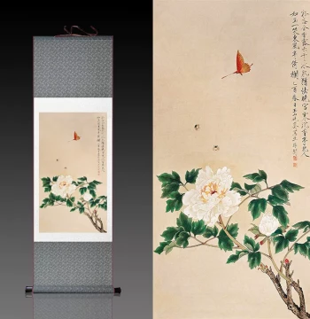 Yu Fei'an Gongbi Flower-Bird Painting 'Jade-like Peony' Silk Scroll, Decorative Hanging Art, Reproduction of Famous Master's Authentic Chinese Painting