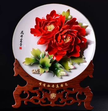 Pure Handmade Peony Porcelain Plate Ornament - Modern Chinese Home Decor for Living Room, Housewarming & Wedding Gifts