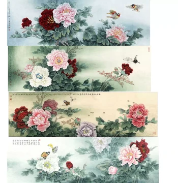 Fine Brush Painting Line Drawing Template Banner (4 Chi) - Peony and Bird-Flower for Beginners, Tracing, Outlining, Transfer, and Coloring Practice