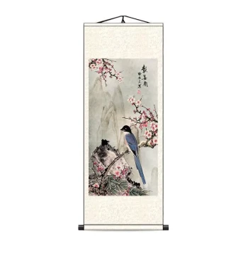 Peony and Bird Traditional Chinese Hanging Scroll, Blooming Flowers Symbolizing Prosperity, Non-Hand-Painted Living Room or Bedroom Decor, Silk Ink Fine-Brush Calligraphy Art
