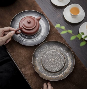 Rustic Ceramic Tea Tray for Dry Brewing - Traditional Zisha Teapot Stand with Water Reservoir