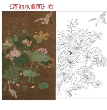 Gongbi Painting Print: White Outline Draft of Lotus Pond with Two Birds, Vertical Flower-and-Bird Format, High-Definition Line Art for Digital Painting and Beginner Copying