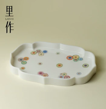 Lizuo Premium White Porcelain Famille Rose Ball Flower Pattern Tea Tray, Handcrafted Dry Brewing Plate for Zisha Teapots and Gaiwans