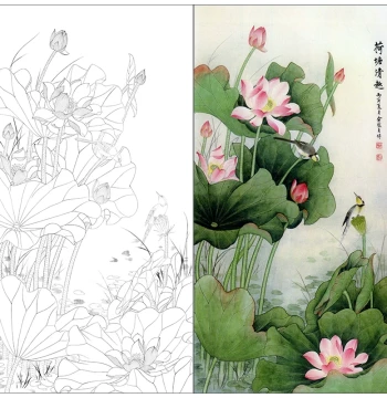 TP382 Fine Brush Painting Lotus Line Drawing Template - Traditional Chinese Bird-and-Flower Practice Sheet (Printed)
