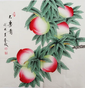 Gongbi Traditional Chinese Painting of Longevity Peaches, Hand-Painted Bird-and-Flower Art, 3-Foot Hallway or Living Room Wall Decor by Qin Wei 01129