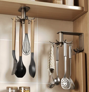Stainless Steel Rotating Kitchen Hook Rack - No-Drill Wall-Mounted Organizer for Ladles, Spatulas, and Utensil Storage