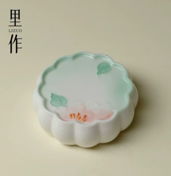 Lizuo Gradient Green Hand-Painted Blue Branch Flower Lid Rest, Handcrafted Light Luxury Teapot and Gaiwan Stand for Zisha Teapots