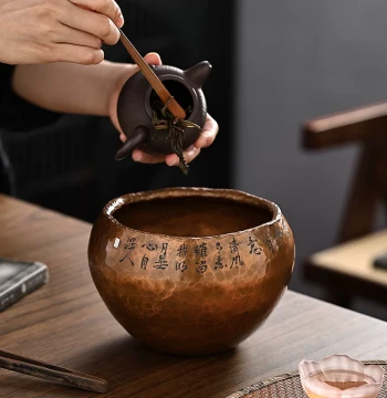 Thickened Purple Copper Tea Wash Basin, Hand-Hammered Jian Water Vessel for Waste Water and Tea Residue, Household Water Bowl for Kung Fu Tea Set Accessories
