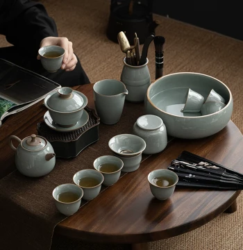 Ge Kiln Kung Fu Tea Set, Ceramic Teapot, Sancai Lidded Bowl, Teacups, Tea Washer, Six Gentlemen Large Set in Gift Box Packaging
