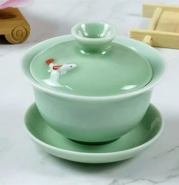 Celadon Teacup with Goldfish Design – Kung Fu Tea Set Accessory for Home and Office Use Including Gaiwan and Teapot
