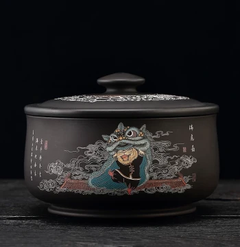 Large Yunnan Jianshui Purple Pottery Tea Washer with Tiger Motif and Lid