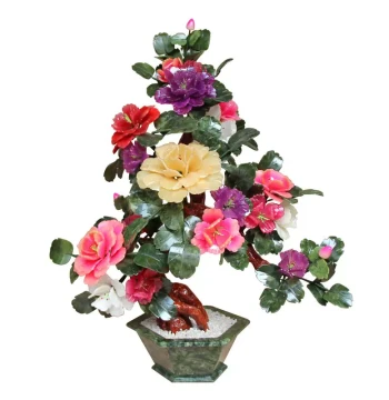 Jade Carved Peony Home Decor for Living Room, Coffee Table, New Chinese & French Style Craft Bonsai Ornament