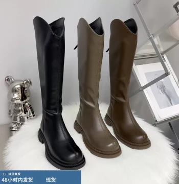 European and American Round-Toe High-Top Knight Boots for Women Flat Heel Back Zipper Fleece-Lined Warm V-Cut Slim Fit Genuine Leather Long Boots