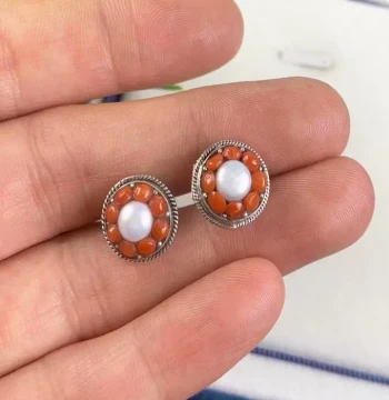 Imported from Nepal, 925 Sterling Silver Inlaid with Natural Coral and Pearl Stud Earrings, Exquisite Handcrafted Workmanship, Free Shipping