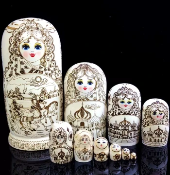 Russian Nesting Dolls, 10 Layers, Raw Wood Pyrography, Troika Design, Children's Toy, Gift for Girls, Souvenir