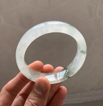 Size 56 Positive Round Ice Floating Flower Jade Bangle, Natural Burmese Type A Ice Species Jade Bracelet, Ice Floating Green Bangle with Slight Cotton