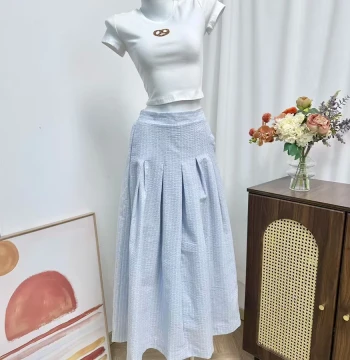 Xiao Yu Jia blan8 Gentle Fresh Fine Plaid Light Blue High-Waist Skirt, Korean Style Draped Pleated Long Skirt