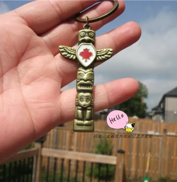Purchased Locally in Canada: Double-Sided Metal Keychain with CANADA Totem and Maple Leaf - Souvenir Gift
