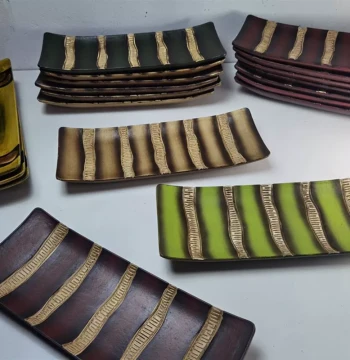 South American Style Green Striped Handcrafted Decorative Plate Candle Holder Wooden Rectangular Towel Tray Snack Plate