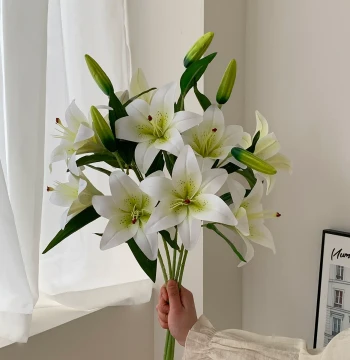 Multi-headed Artificial Lily Flower Arrangement for Living Room, Premium Decorative Bouquet for Dining Table, Romantic Fake Flowers