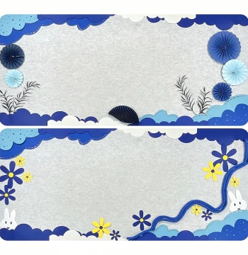 Blue Series Simple Border Strips for Elementary School Blackboard, Flower Theme Wall Felt Material, Wall Sticker Decoration