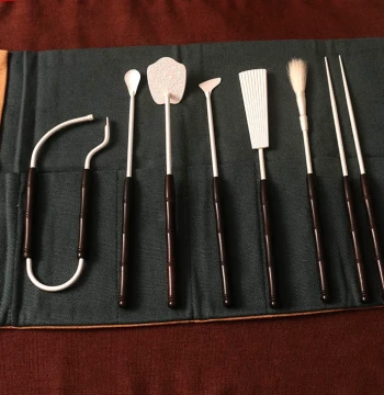 Ting Ye Tang Ebony Handle Pure Silver 925 Sand Silver 7-Piece Incense Ceremony Tool Set Pure Bronze Incense Seal Printing and Empty Burning