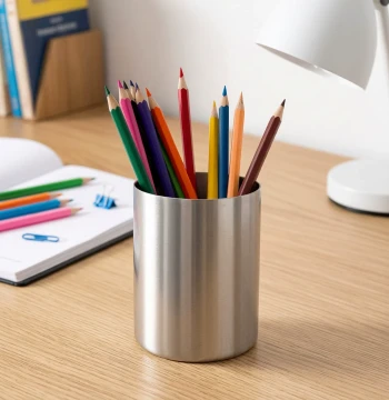 Stainless Steel Pen Holder, Student Desktop and Office Makeup Brush Organizer, Bamboo Stick Container, Round Stationery Storage Box