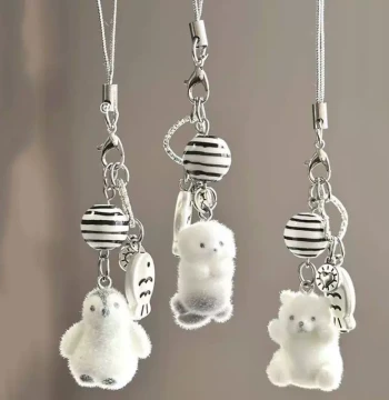 Flocked Cartoon Keychain Polar Bear Pendant 3D Cute Ins Bag Gift Ornament Phone Case Lanyard