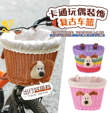 INWILD Children's Bicycle Basket with Cartoon Plush Toy - Woven Front Basket for Kids' Bikes, Essential for Strolling with Children