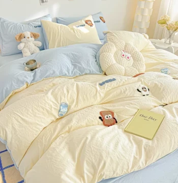 Minimalist 100% Cotton Towel Embroidery Cartoon Bedding Set 2026 New Arrival, Girls' Soft Duvet Cover and Sheet Set