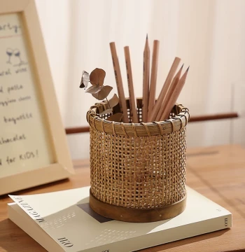 Vintage Rattan Storage Basket - Multi-Purpose Organizer for Pens, Combs, Tabletop Clutter, and Chopsticks