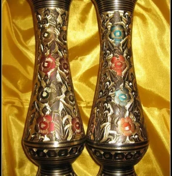 Pakistani Copper Carving 12-Inch Black Lacquer Colorful Snow Lotus Japanese-Style Vase, Imported Pure Handmade Pakistani Copperware