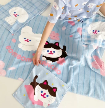 Fuyama Store x RiCO Collaboration: Cherry Blossom Cat and Dog Blue Cute Print 100% Cotton Towel, Bath Towel, and Hand Towel Set