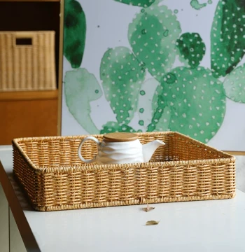 Rattan-Woven Square Fruit Display Basket for Bread, Vegetables, and Melons; Bathroom Toiletry Tray