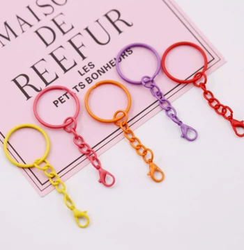 Colorful Baked Enamel Key Ring with Chain + 14 Lobster Clasps - Accessories for Doll Keychains
