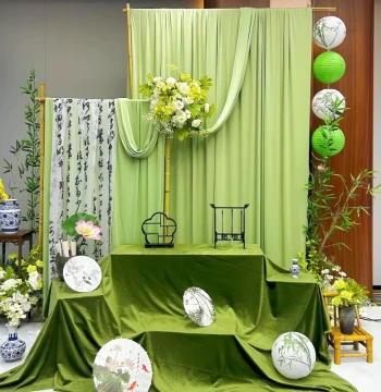 New Chinese Style Spring Atmosphere Green Background Cloth Curtain, Calligraphy Gauze, National Style Kindergarten Opening Scene Decoration