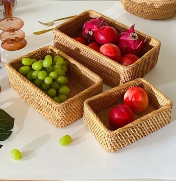 Vietnamese Autumn Rattan Woven Storage Basket, Fruit Basket, Woven Storage Bin for Living Room Coffee Table Desktop Organization, Small Fruit & Snack Tray