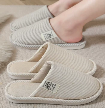 Linen Fabric Cotton Slippers, Home and Office Indoor Linen Slippers, Sweat-Absorbing Closed-Toe for Men, All Seasons
