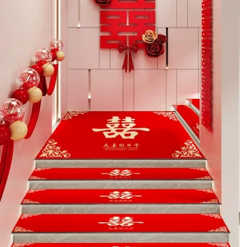 Wedding 'Double Happiness' Stair Treads - Non-Slip, Washable Silicone Step Mats in Red for Festive Occasions