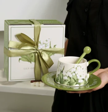 Lily of the Valley Ceramic Coffee Cup and Saucer Set High-Aesthetic Cup Afternoon Tea Corporate Gift Exquisite Flower Tea Cup and Saucer