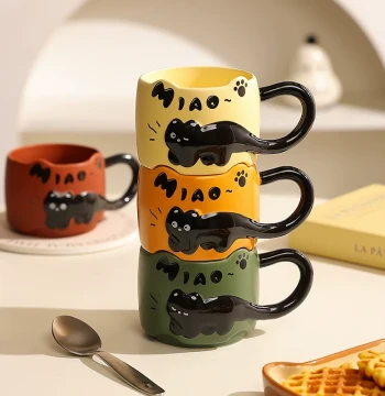 Embossed Kitty Mug for Women - High-Aesthetic Cute Creative Couple's Ceramic Water Cup, Office Coffee Mug