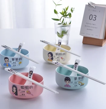Ceramic Family Dinnerware Set - Cartoon-Themed Bowls, Chopsticks, and Spoons for Four, Personalized Matching Pieces
