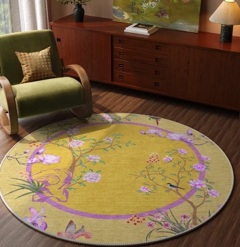 Original Design Yellow New Chinese Style Round Rug, Premium Retro Floral Pattern for Living Room, Washable Waterproof Bedroom Floor Mat